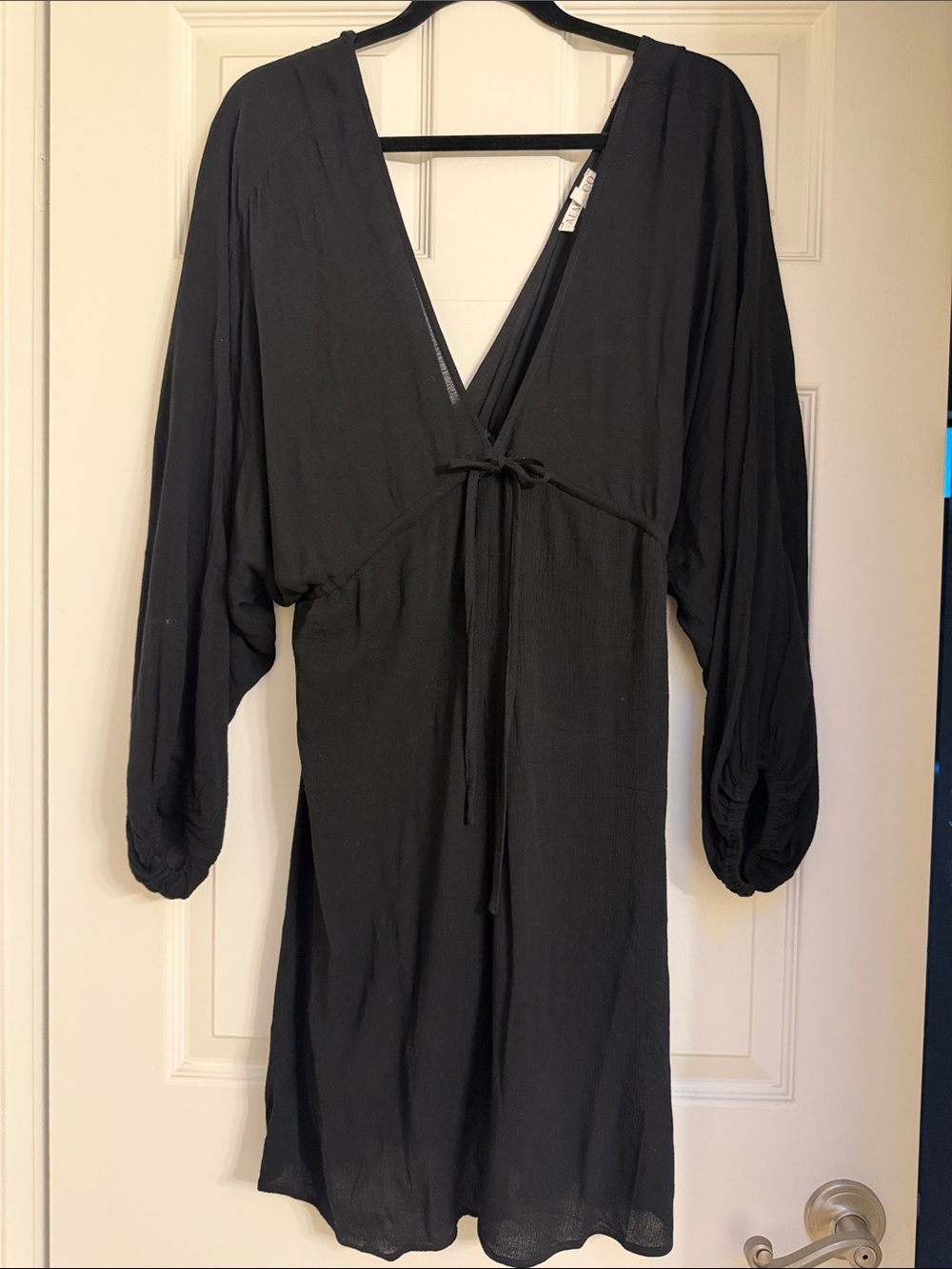 Women's Black Midi Dress with Deep V-Neck and Tie Waist